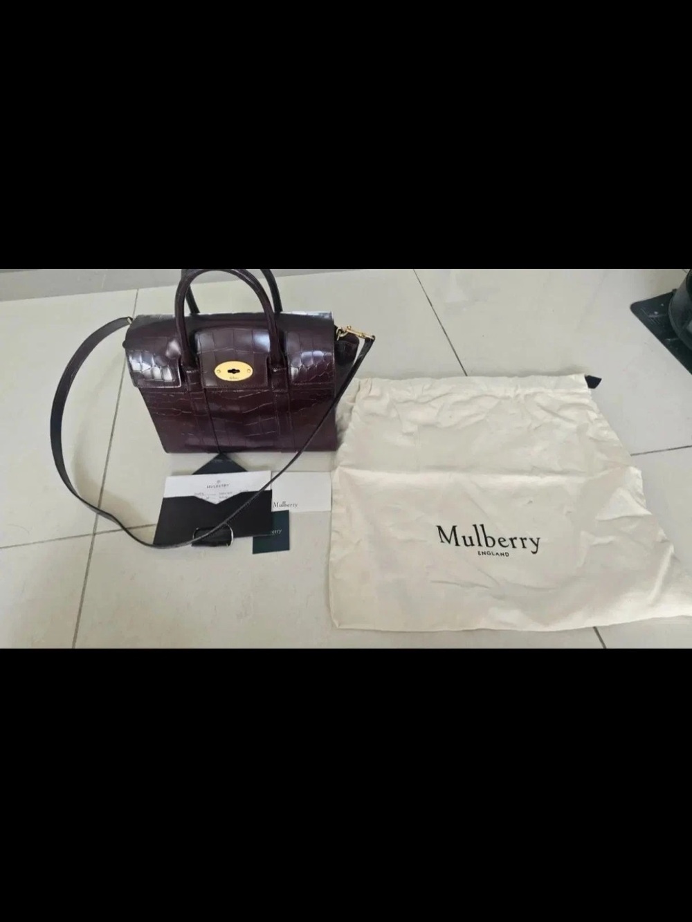 Mulberry Croc-Embossed Top-Handle Satchel in Dark Brown with Gold Hardware